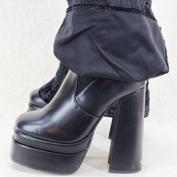 Unique Thigh High Black Velvet Fold over Skirted Chunky Heel Platform Boots - Picture 17 of 17